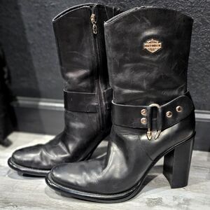 Sexy High Heeled Harley Davidson Black Leather Boots - size 8 1/2